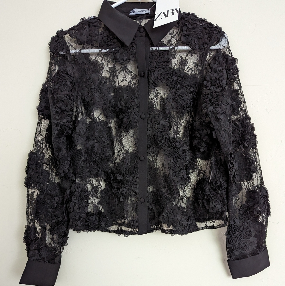 ZARA BLACK ORGANZA FLOWER TULLE BLOUSE TOP NWT